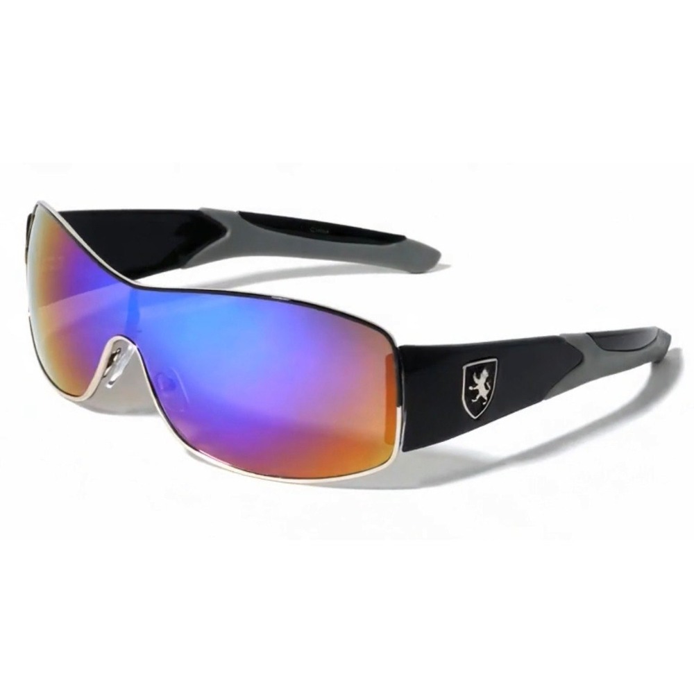 Khan‎ Shield Sunglasses Black Iridescent Mirror Lens Sporty Wrap KN-M3734 - Picture 3 of 11
